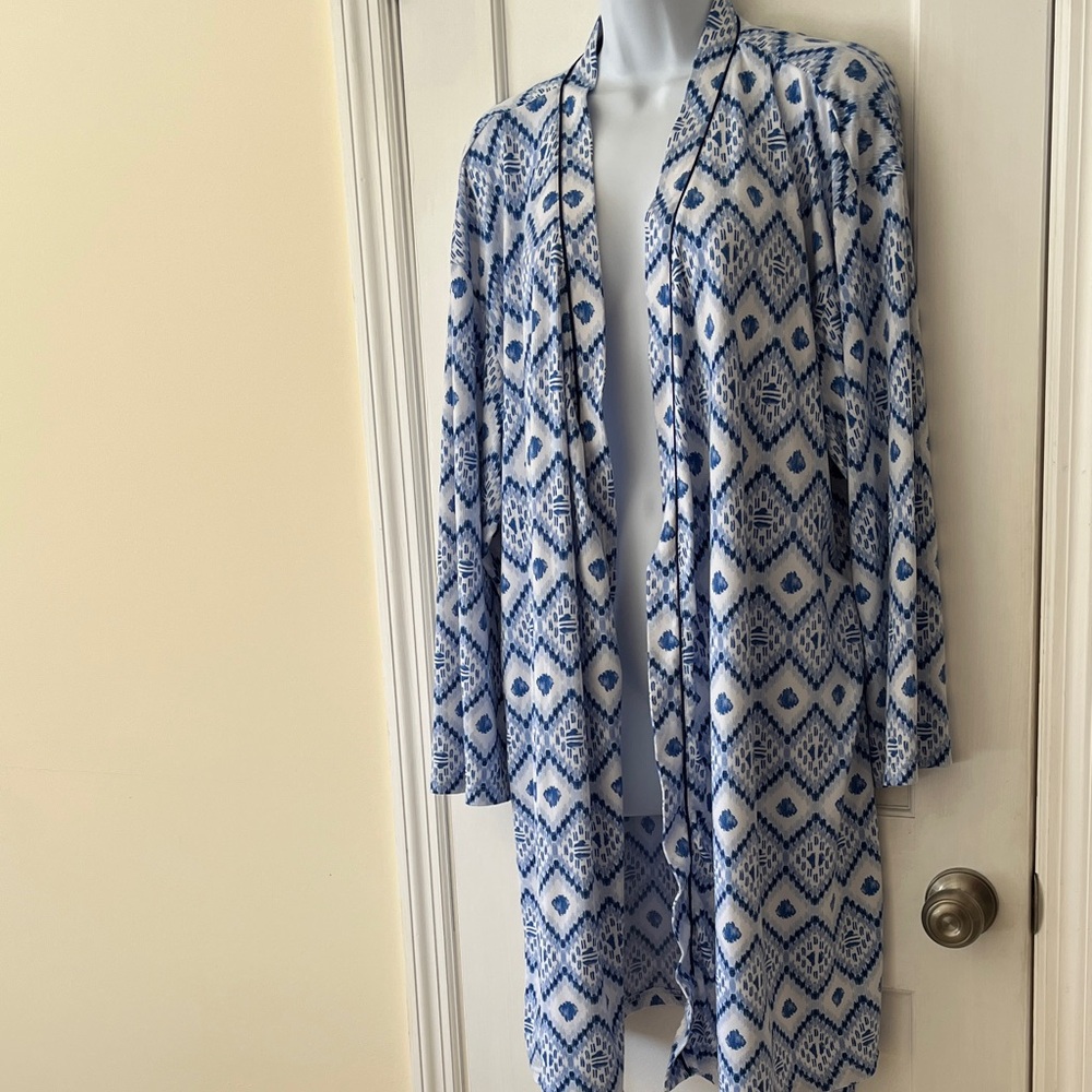 Muk Luks Robe Wrap Belted Swim Cover Women's XL Blue White Geometric Print Soft - Picture 5 of 15